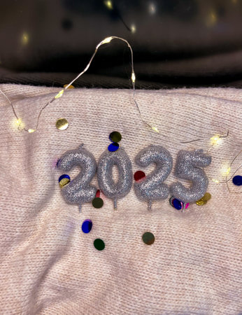 Silver numerals reading 2025 are surrounded by festive decorations, including stars and ornaments,...