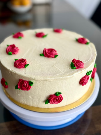 Elegant Naked Cake with Buttercream Flowers and Rose Petals.の写真素材