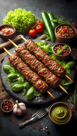 grilled Lula kebab on skewers with spices on a stone background.の素材