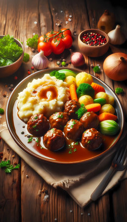 Meatballs in tomato sauce with mashed potato on the white plate, top view, view from above.の素材