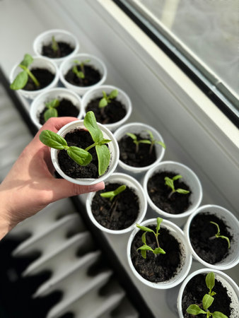 Small seedling pot in woman hand and young sprouts on a windowsill. Concept of home gardening and...
