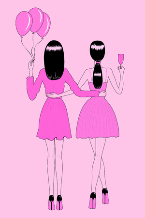 Fashion illustration. Girls at a party, two young beautiful women from the back. Women in evening gowns. Hugging women, girlfriends.  EPS 10.のイラスト素材