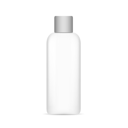 Vector realistic image (mock-up, layout) of plastic packaging for cosmetics, white with a dark lid. Bottle for liquid substances. The image is created using the gradient mesh. EPS 10.のイラスト素材