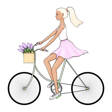 Fashion illustration. T-shirt and pink skirt, rides a bicycle. In the basket is a bouquet of purple flowers.のイラスト素材