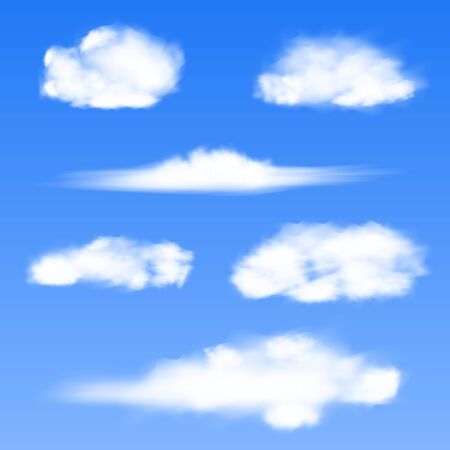 Set of white clouds on a blue background. Created using gradient mesh. Vector EPS 10.のイラスト素材