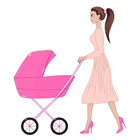 Vector image of a walking woman in a dress and high heels with a stroller. A young mother with a child.のイラスト素材