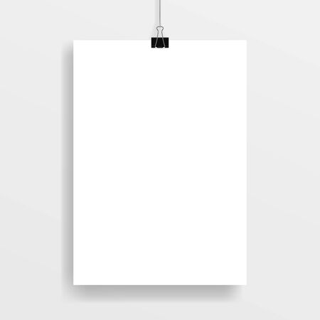 Vector image (mockup, layout) of rectangular (A4) poster, fastened with a black paper clip. Template, frame for your text or image.のイラスト素材
