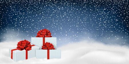 Vector background with winter landscape. (size 2: 1). Falling snow, snowdrift, gifts with a bow and a red ribbon. Christmas, New Year illustration. EPS 10のイラスト素材