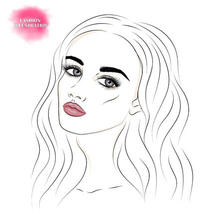 Hand-drawn portrait of a young woman. Beautiful face. Fashion illustration.のイラスト素材