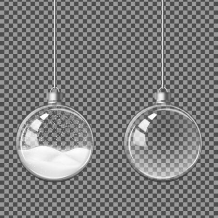 Vector realistic glass glossy New Year decoration. 3d transparent Christmas ball with snow inside.のイラスト素材