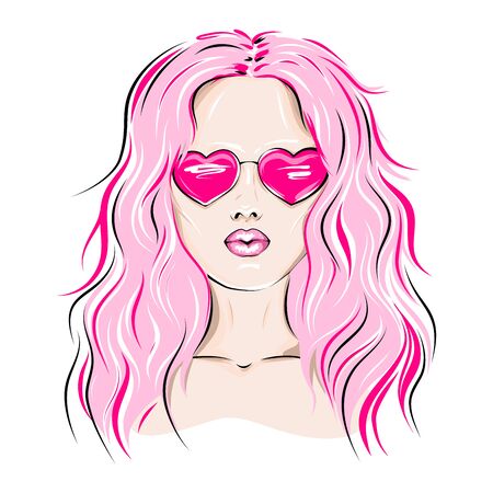Fashion illustration. Young woman with pink hair wearing heart-shaped glasses, making a kiss.のイラスト素材