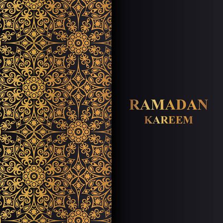 Square background with golden mandala pattern. Greeting card Ramadan Kareem.のイラスト素材