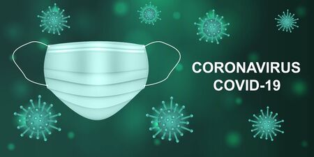 Vector illustration of a coronavirus and medical mask on a dark green background. Covid-19 concept. Virus protection.のイラスト素材