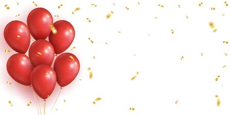 Rectangular Festive Background. Red realistic balloons, golden falling confetti. Vector eps 10のイラスト素材