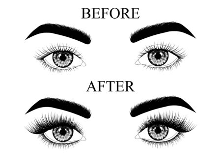 Eyelash extensions before and after. Fashion illustration. Black and white hand-drawn image of beautiful eyes with eyebrows and long eyelashes. Vector EPS 10.のイラスト素材