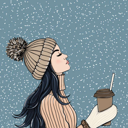 Young beautiful woman enjoying the falling snow with a cup of coffee. Fashion illustration. Winter. Vector EPS 10.のイラスト素材