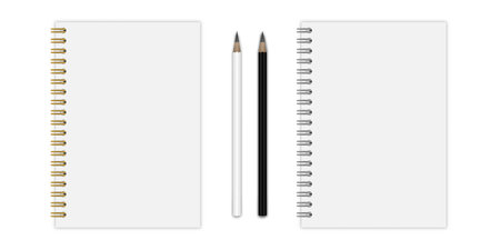 Vector set of notebook mockup (format: A5), with gold and silver spiral, pencils.のイラスト素材