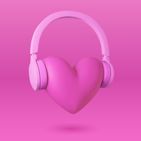 Heart and headphones. Illustration of love for music. Pink background. Vectorのイラスト素材