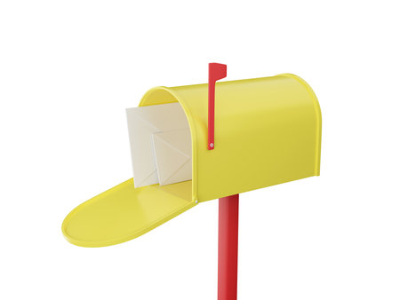 Mailbox with letters. Open yellow postbox. 3d render.の写真素材