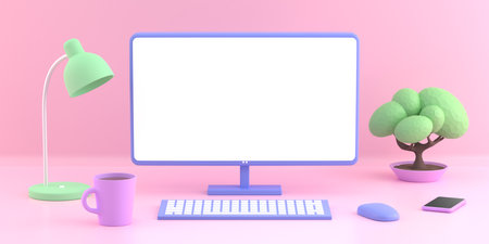 Blank computer screen, keyboard, tea mug, Ekibana houseplant, telephone, lamp on a pink background. Workplace in cartoon style. 3d rendering.の写真素材
