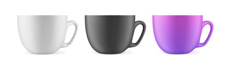 Vector realistic mockup (template, layout) of a mug for drinks front view. White, black, purple blank isolated cup. EPS 10のイラスト素材