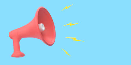 Red loudspeaker, megaphone on a blue background. 3d renderingの写真素材