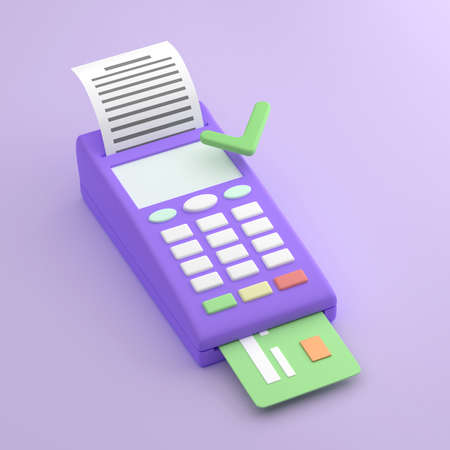 Payment terminal, cartoon style. POS terminal on purple background with check and credit card. Approved payment. 3D renderingの写真素材