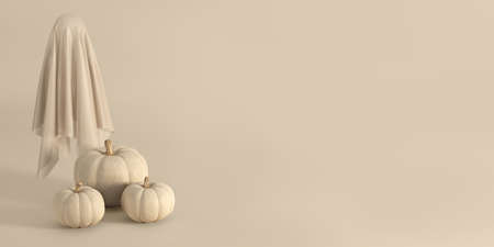 Halloween aesthetic background with pumpkins and ghost. Postcard or banner in a minimalist style, in pastel colors. 3d rendering.の写真素材