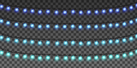 Christmas garlands with blue lamps in different shades. Vector transparent light effect. EPS 10のイラスト素材