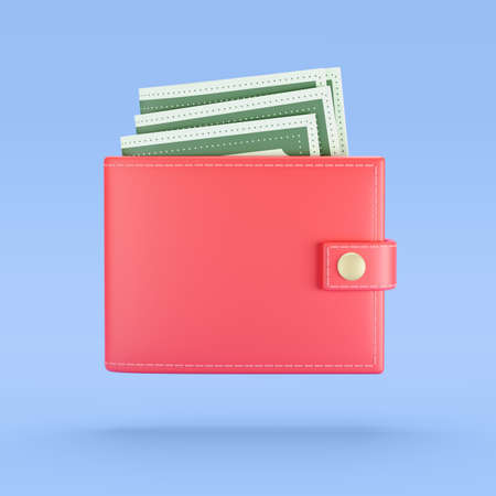 Wallet with cash, red purse and money on a blue background. Illustration on the theme of finance,...