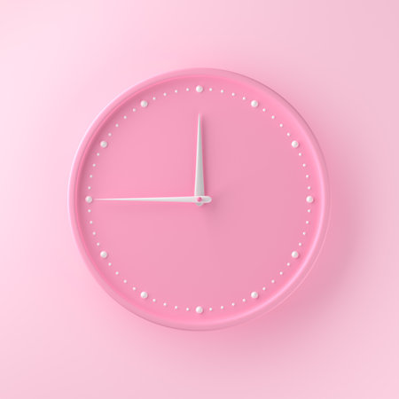 Pink dial of wall clock with white hands. Round watch. Minimal background. 3d rendering.