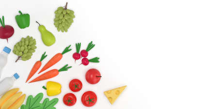Food background. Groceries for a healthy diet. Products on white, top view. Fruit and vegetables,...