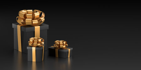 Realistic gifts box with gold bow, present on a black background. Black Friday Super Sale. New Year,...