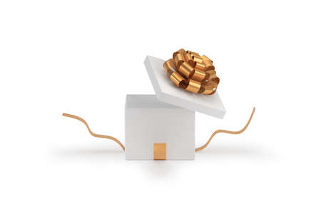 Open blank, empty gift box with gold bow, top view. Isolated on white. 3d rendering.
