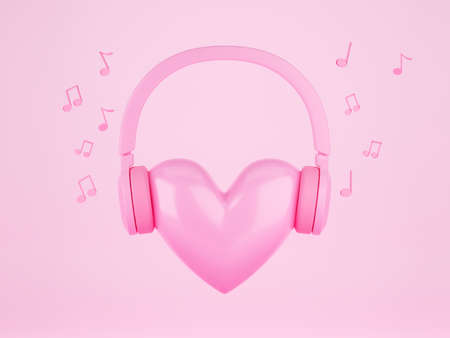 Heart and headphones. Illustration of love for music. listen to your heart. pink background. 3d renderingの写真素材