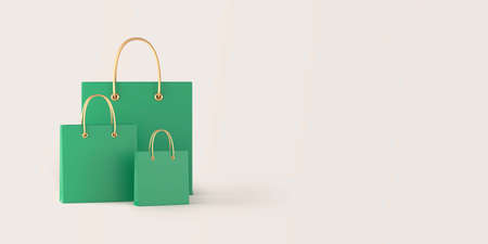 Green shopping bags with golden handles on a beige background, minimal design. Banner, poster, postcard, flyer. 3d rendering.の写真素材