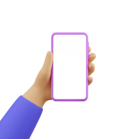 The hand is holding a smartphone. Blank phone screen. cartoon style. isolated on white. 3d...