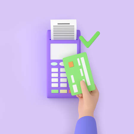 Contactless payment by credit card. The hand of a customer paying with NFC technology. 3d rendering.