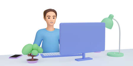 3d illustration men in the workplace. Employee, worker, student at the computer. smiling guy. Male character, freelancer, businessman.の写真素材