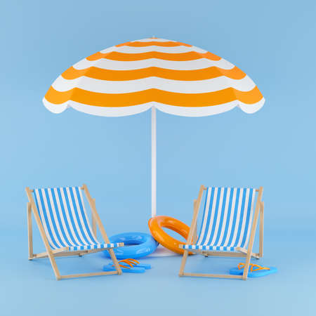 summer blue background. Beach chair, inflatable ring, sun umbrella, flip flop. 3d illustration.の写真素材