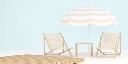 Summer abstract blurred background. Beach table with parasol and sun lounger. 3d rendering scene for...