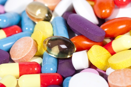 Pills and capsules of many shapes and colors