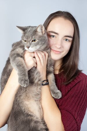 Beautiful smiling brunette holds in her arms a large striped thoroughbred gray catの写真素材