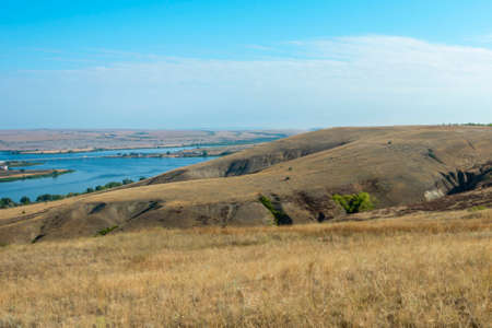 Beautiful landscape of nature. The river is meandering between the hills in the Volga steppe....