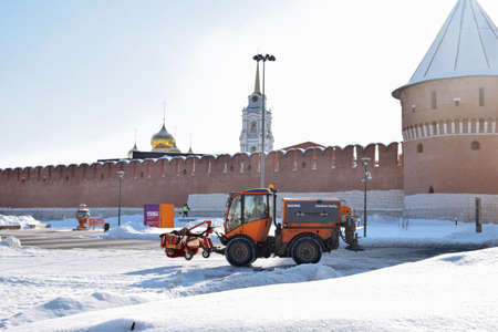 February 18, 2021, Russia, Tula. Coffee shop on the Kazan embankment on a frosty sunny winter dayのeditorial素材