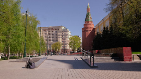 May 11, 2021. Russia, Moscow, wooden and stone buildings of the cultural and entertainment complex The Izmailovo Kremlin in good sunny weather insideのeditorial素材