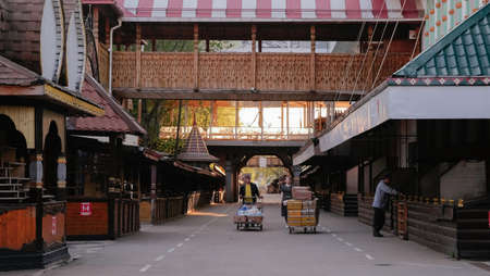 May 11, 2021. Russia, Moscow, wooden and stone buildings of the cultural and entertainment complex...