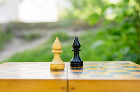 Black and white chess pieces of bishops stand on a chessboard in confrontationの写真素材
