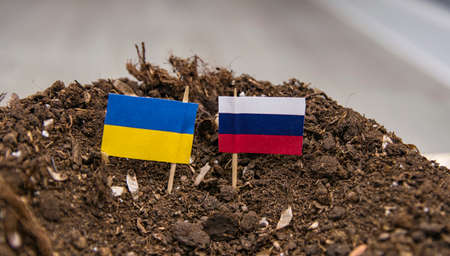 Two flags of Russia and Ukraine on toothpicks stuck in the dirty groundの写真素材