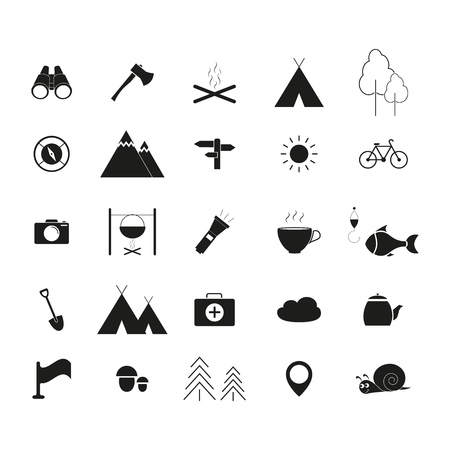 Camping activities line icons on the white backgroundのイラスト素材